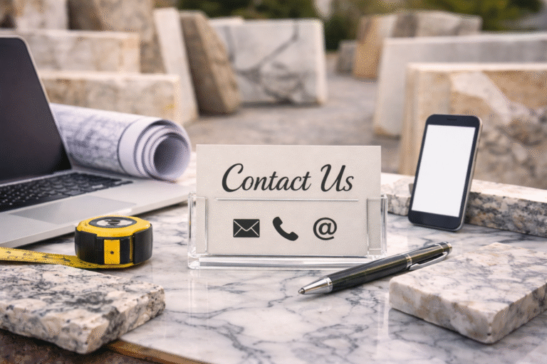 Contact Us card on marble surface in a stone yard with slab inventory, laptop, blueprint, and phone for project inquiries